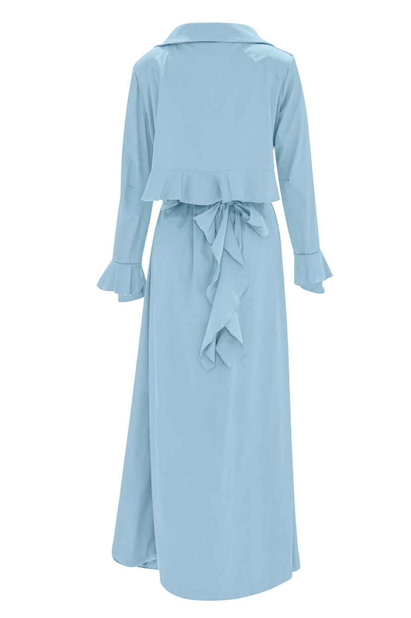 Wrap yourself in sophistication with our Light Blue Cascade Belted Trench Coat, a versatile essential for any wardrobe. Its ankle-length silhouette and dart fitted waist ensure a flattering fit, suitable for both casual outings and formal occasions, making it a must-have staple for any fashion enthusiast.