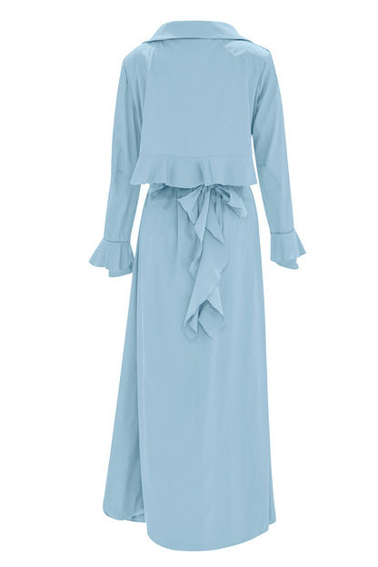 Wrap yourself in sophistication with our Light Blue Cascade Belted Trench Coat, a versatile essential for any wardrobe. Its ankle-length silhouette and dart fitted waist ensure a flattering fit, suitable for both casual outings and formal occasions, making it a must-have staple for any fashion enthusiast.