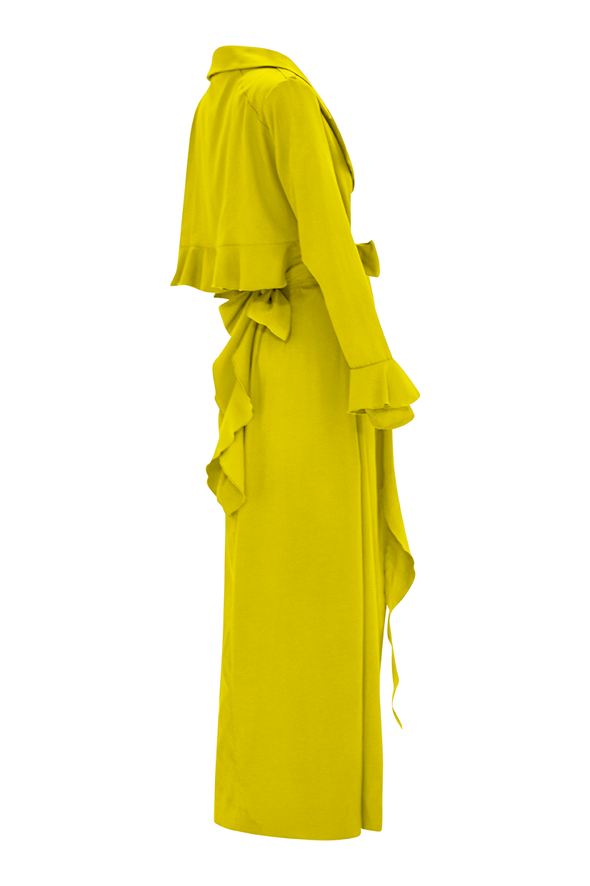 Unveil timeless elegance with our Chartreuse Cascade Belted Trench Coat, meticulously designed for sophistication and style. Featuring a cascading back flap and hand-painted cotton lining, this coat exudes luxury from every angle.