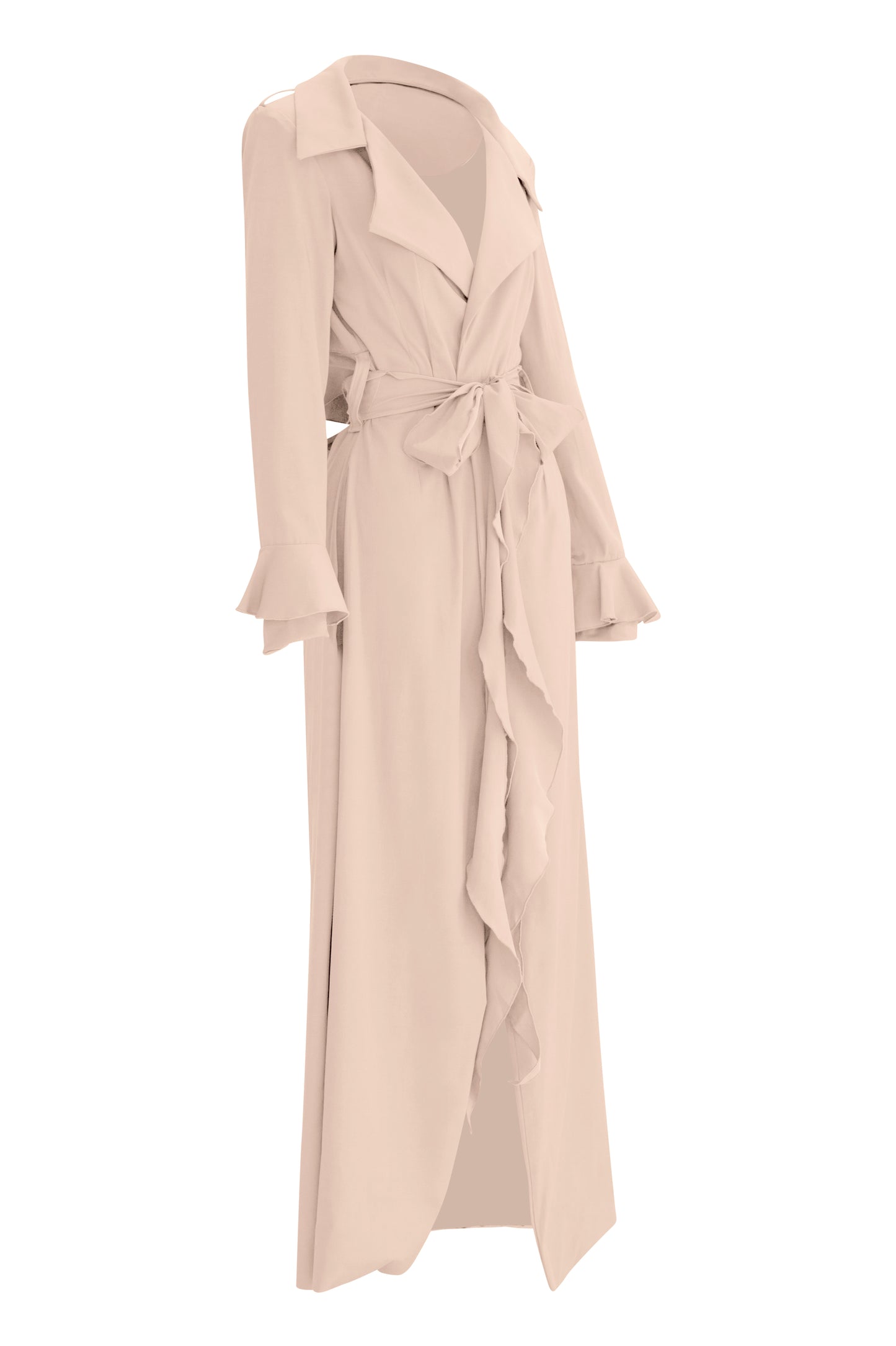 Unveil timeless elegance with our Blush Cascade Belted Trench Coat, meticulously designed for sophistication and style. Featuring a cascading back flap and hand-painted cotton lining, this coat exudes luxury and high-end fashion appeal, suitable for those seeking statement pieces.