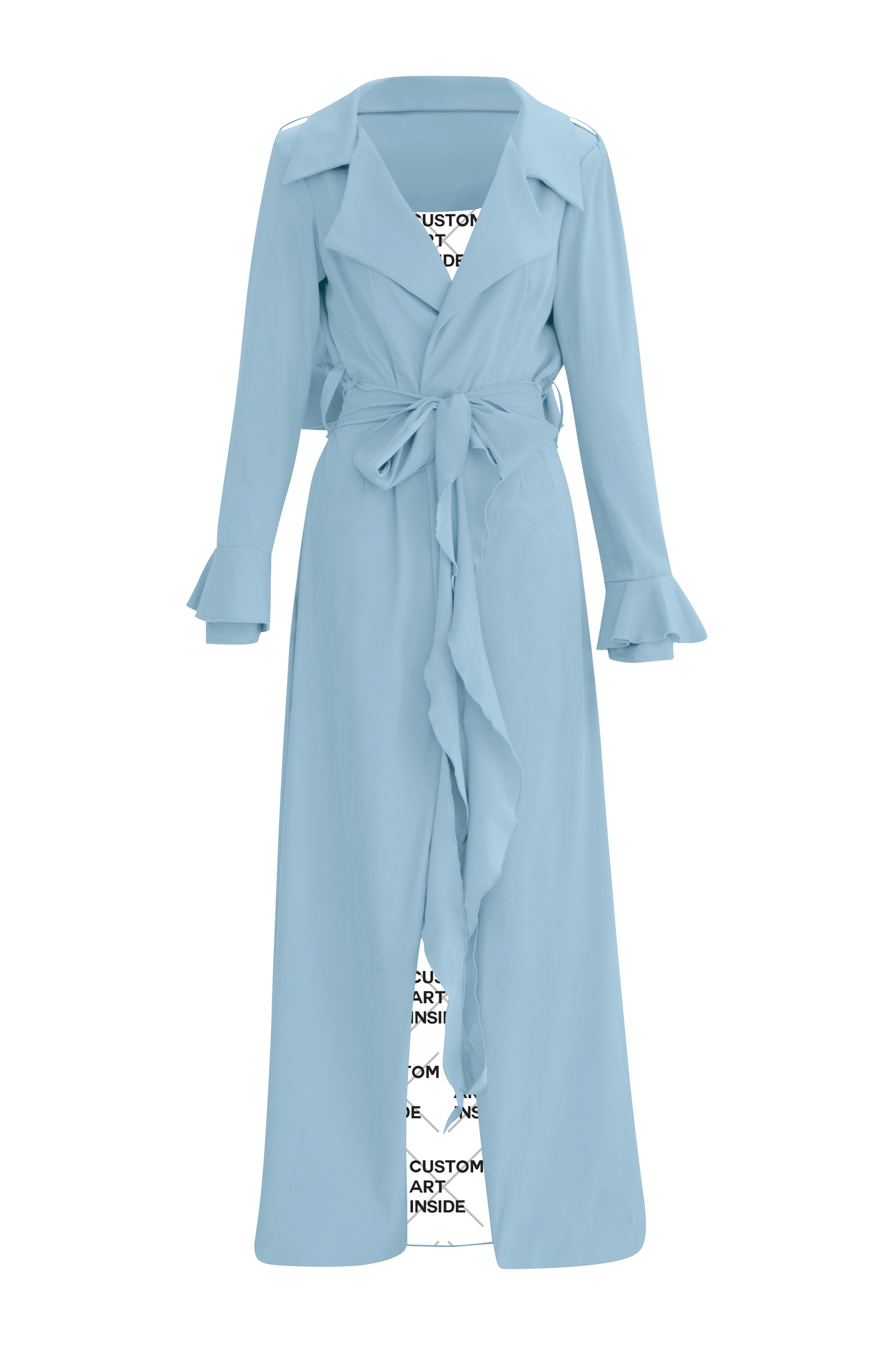 Discover sophistication with our Periwinkle Cascade Belted Trench Coat, designed with an ankle-length silhouette and dart fitted waist for a flattering fit. Its cascading back flap adds an extra touch of refinement and style, making it perfect for any occasion, from casual outings to formal events.