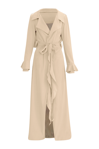 Elevate your outerwear collection with our Beige Cascade Belted Trench Coat, a timeless piece designed for modern sophistication. Crafted with a sleek cascade belted design and oversized lapel, this trench exudes elegance and style.