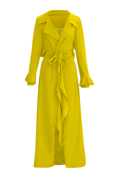 Elevate your outerwear collection with our Chartreuse Cascade Belted Trench Coat, a timeless piece designed for modern sophistication. Crafted with a sleek cascade belted design and oversized lapel, this trench exudes elegance.