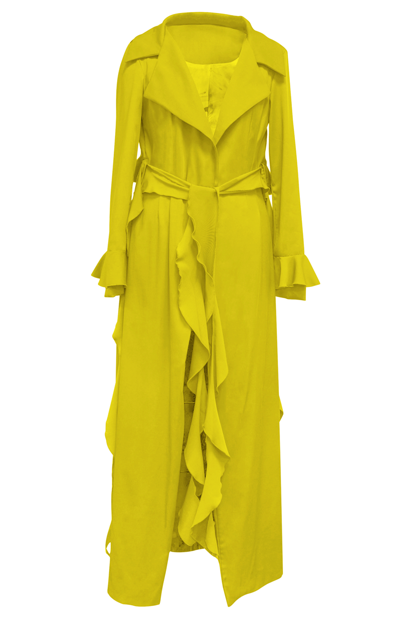 Embrace elegance with our Chartreuse Cascade Belted Trench Coat, meticulously crafted for sophistication and style. Its ankle length provides maximum coverage, while the belt loop top shoulders add a touch of utilitarian chic.