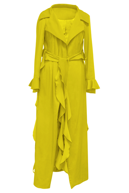 Embrace elegance with our Chartreuse Cascade Belted Trench Coat, meticulously crafted for sophistication and style. Its ankle length provides maximum coverage, while the belt loop top shoulders add a touch of utilitarian chic.