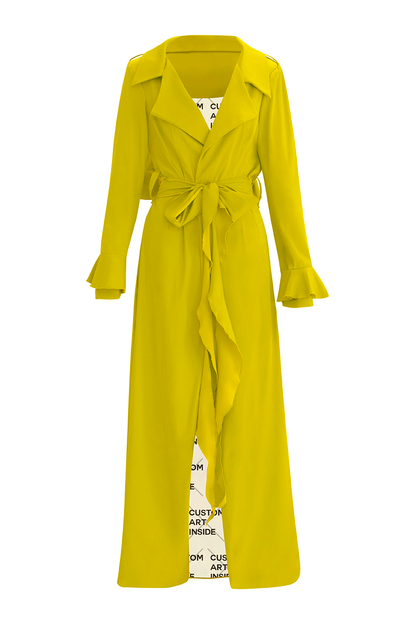 Discover sophistication with our Chartreuse Cascade Belted Trench Coat, meticulously designed for modern elegance. Its ankle-length silhouette and dart fitted waist ensure a flattering fit, while the cascading back flap adds an extra touch of refinement.