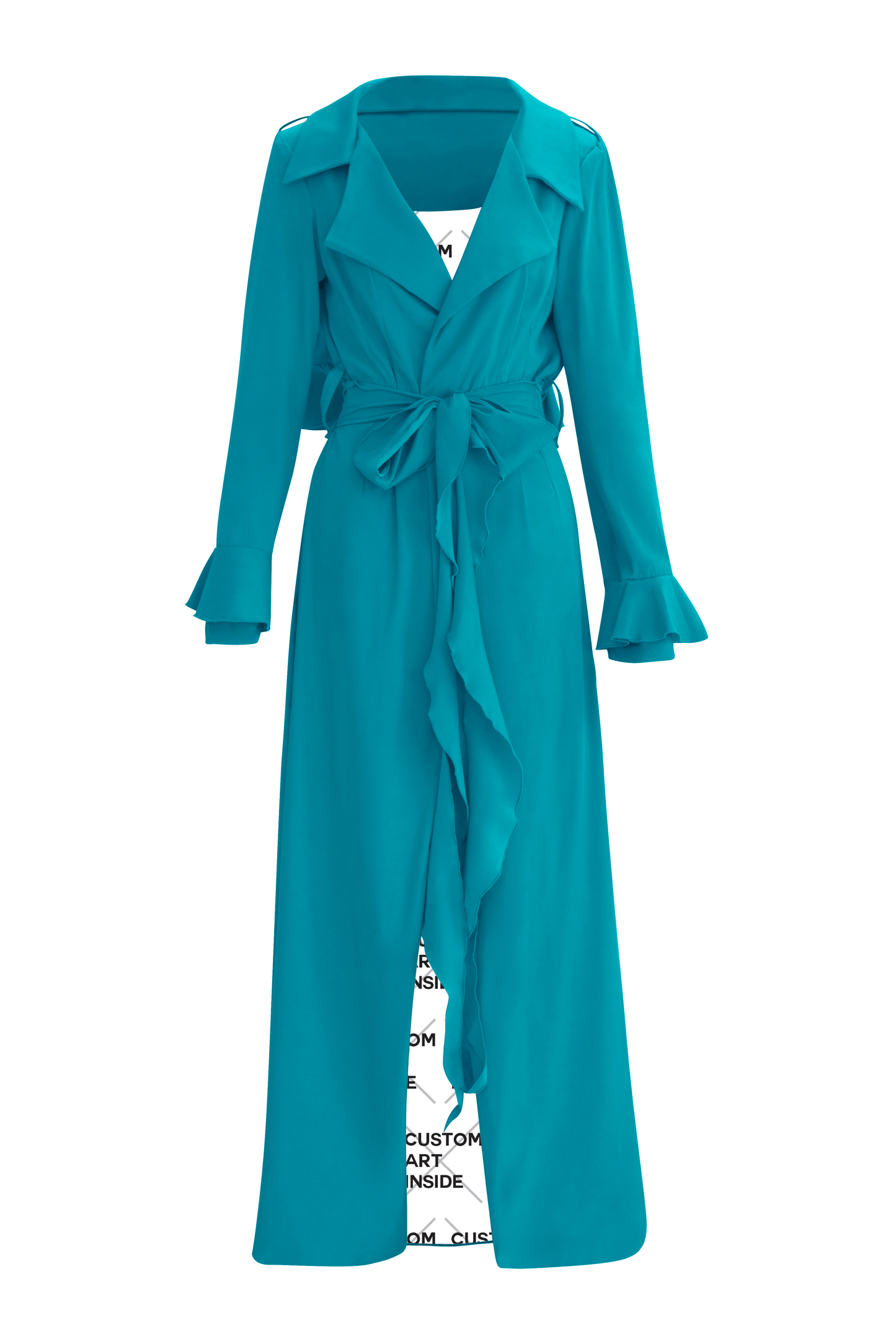 Discover sophistication with our Turquoise Cascade Belted Trench Coat, meticulously designed for modern elegance. Its ankle-length silhouette and dart fitted waist ensure a flattering fit, while the cascading back flap adds an extra touch of refinement and style, making it perfect for any occasion.