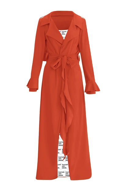 Discover sophistication with our Red Cascade Belted Trench Coat, designed with an ankle-length silhouette and dart fitted waist for a flattering fit. Its cascading back flap adds an extra touch of refinement and style, making it perfect for any occasion, from casual outings to formal events.