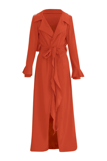 Elevate your wardrobe with our Red Cascade Belted Trench Coat, a timeless piece crafted for modern sophistication. Featuring a sleek cascade belted design and oversized lapel, this trench coat is a statement of elegance and style, perfect for fashion-forward individuals seeking high-quality outerwear.