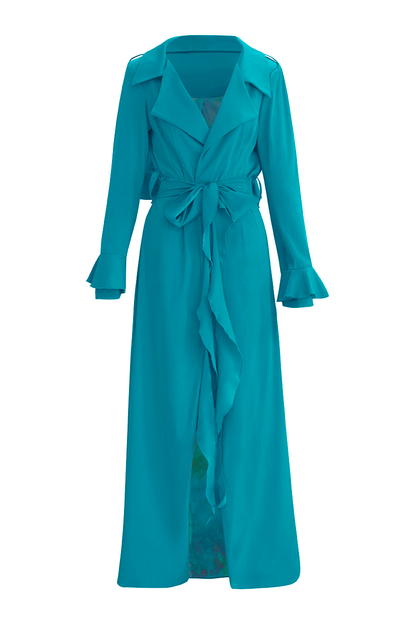 Elevate your outerwear collection with our Turquoise Cascade Belted Trench Coat, a timeless piece designed for modern sophistication. Crafted with a sleek cascade belted design and oversized lapel, this trench exudes elegance and style.