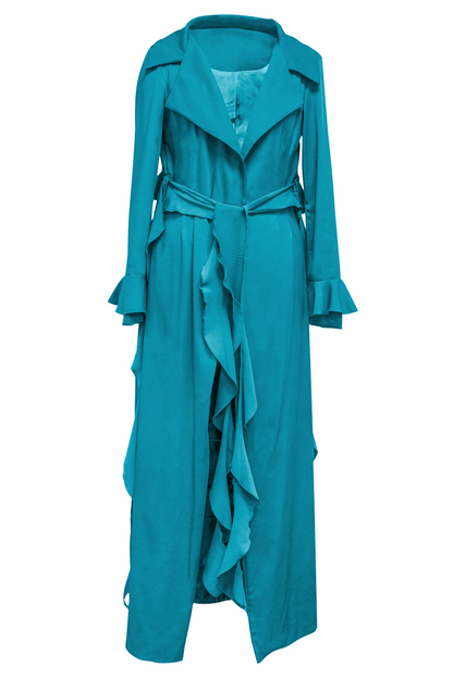 Embrace elegance with our Turquoise Cascade Belted Trench Coat, meticulously crafted for sophistication and style. Its ankle length provides maximum coverage, while the belt loop top shoulders add a touch of utilitarian chic, making it a versatile and trendy addition to your wardrobe.