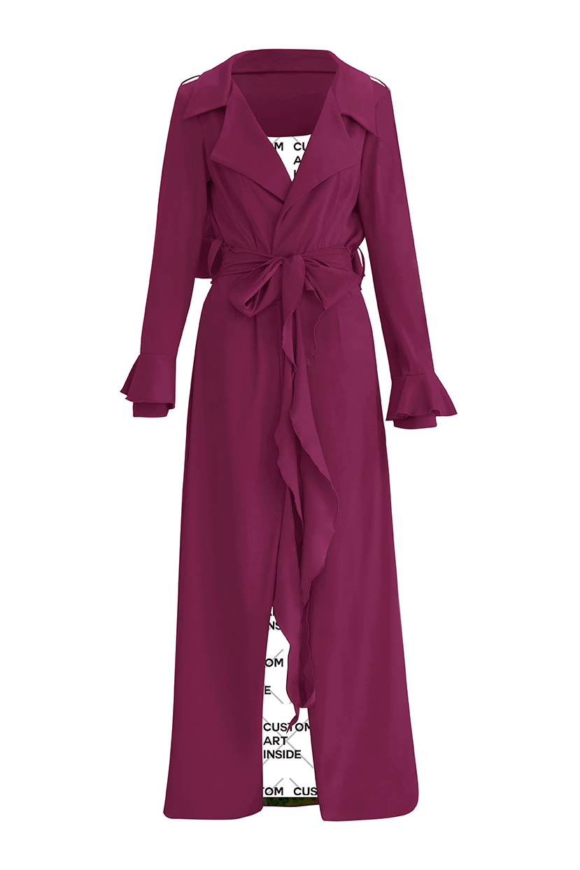 Discover sophistication with our Maroon Cascade Belted Trench Coat, meticulously designed for modern elegance. Its ankle-length silhouette and dart fitted waist ensure a flattering fit, while the cascading back flap adds an extra touch of refinement.