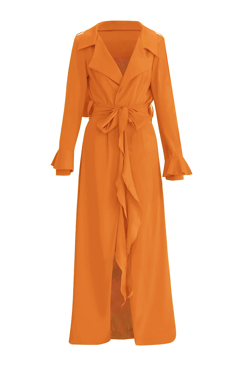 Elevate your outerwear collection with our Orange Cascade Belted Trench Coat, a timeless piece designed for modern sophistication. Crafted with a sleek cascade belted design and oversized lapel, this trench exudes elegance and style.