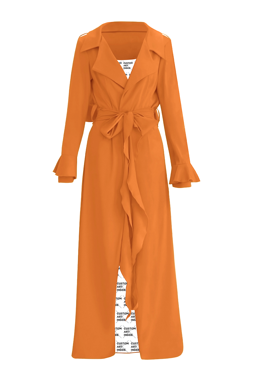 Unveil elegance with our Orange Cascade Belted Trench Coat, a timeless essential for any wardrobe. Designed with a sleek cascade belted design and long, flexible cascading belt, it exudes sophistication and luxury from every angle, making it a must-have piece for every fashion-forward individual.