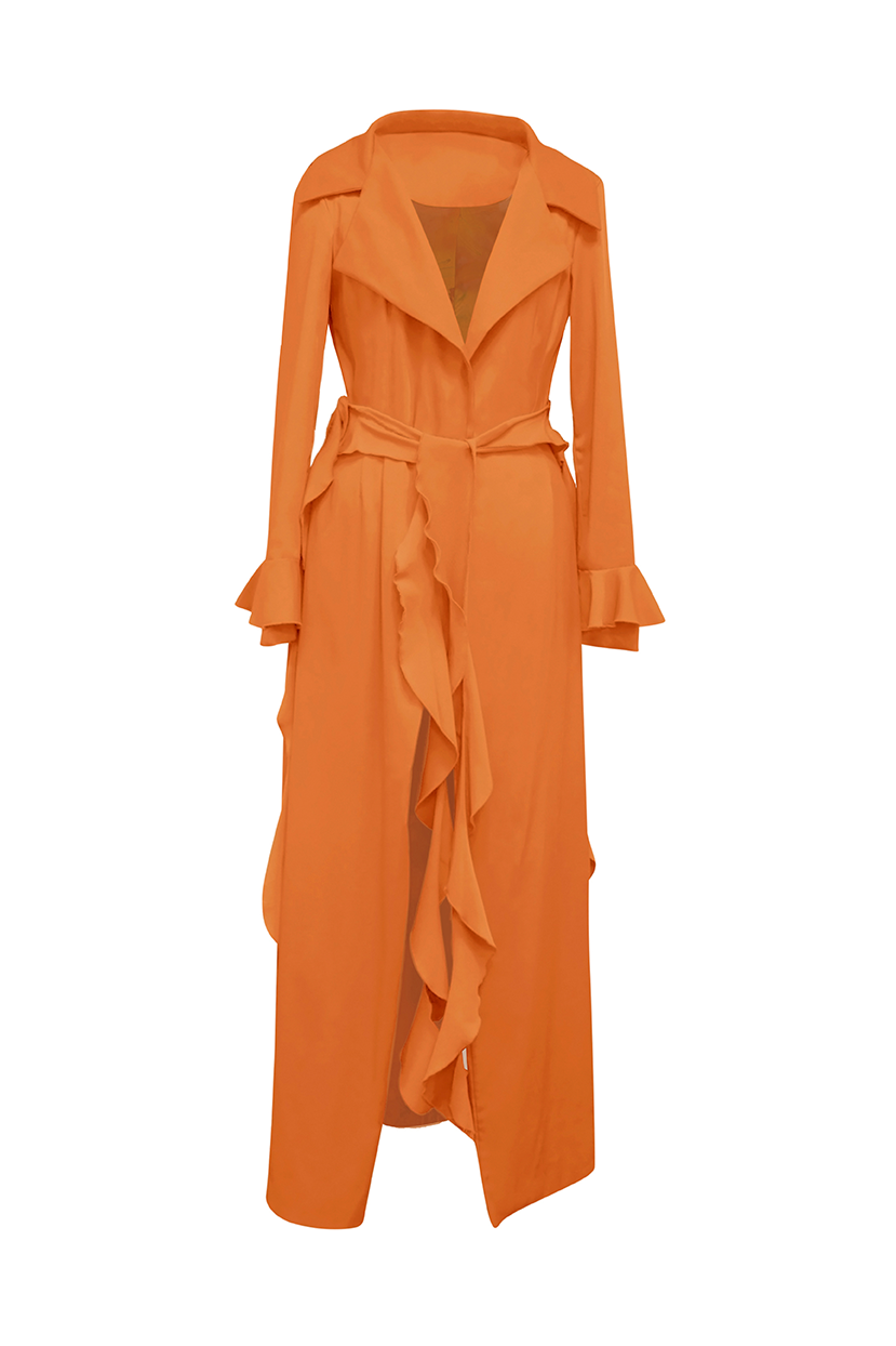 Discover sophistication with our Orange Cascade Belted Trench Coat, meticulously designed for modern elegance. Its ankle-length silhouette and dart fitted waist ensure a flattering fit, while the cascading back flap adds an extra touch of refinement and style, making it perfect for any occasion.