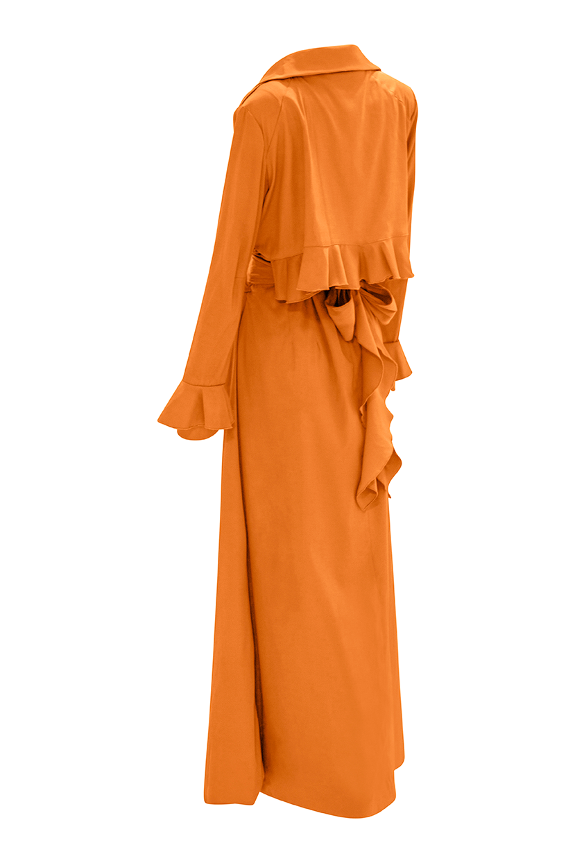 Embrace elegance with our Orange Cascade Belted Trench Coat, meticulously crafted for sophistication and style. Its ankle length provides maximum coverage, while the belt loop top shoulders add a touch of utilitarian chic, making it a versatile and trendy addition to your wardrobe.