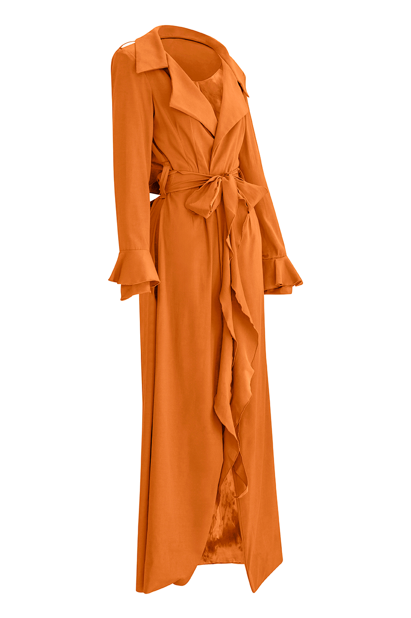 Step into sophistication with our Orange Cascade Belted Trench Coat, a timeless piece designed for modern elegance. Crafted from high-quality cotton twill and featuring invisible stitch hem for a clean finish, it offers both style and comfort, ensuring you stay stylish and comfortable all day long.