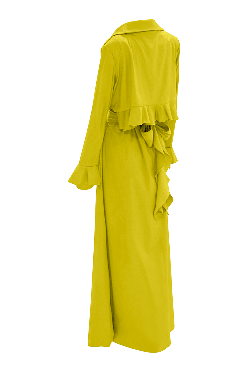 Step into sophistication with our Chartreuse Cascade Belted Trench Coat, a timeless piece designed for modern elegance. Crafted from cotton twill and featuring invisible stitch hem for a clean finish, it offers both style and comfort.