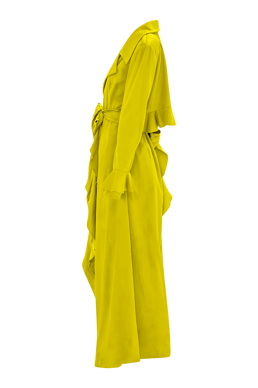 Unveil elegance with our Chartreuse Cascade Belted Trench Coat, a timeless essential for any wardrobe. Designed with a sleek cascade belted design and long, flexible cascading belt, it exudes sophistication from every angle.