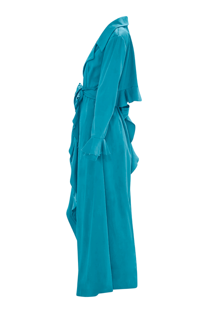 Unveil elegance with our Turquoise Cascade Belted Trench Coat, a timeless essential for any wardrobe. Designed with a sleek cascade belted design and long, flexible cascading belt, it exudes sophistication and luxury from every angle, making it a must-have piece for every fashion-forward individual.