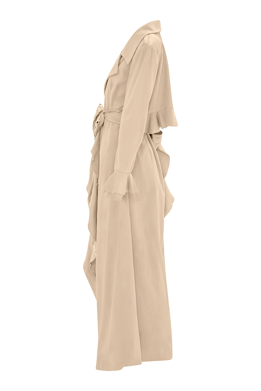 Unveil elegance with our Beige Cascade Belted Trench Coat, a timeless essential for any wardrobe. Designed with a sleek cascade belted design and long, flexible cascading belt, it exudes sophistication and luxury from every angle, making it a must-have piece for every fashion-forward individual.