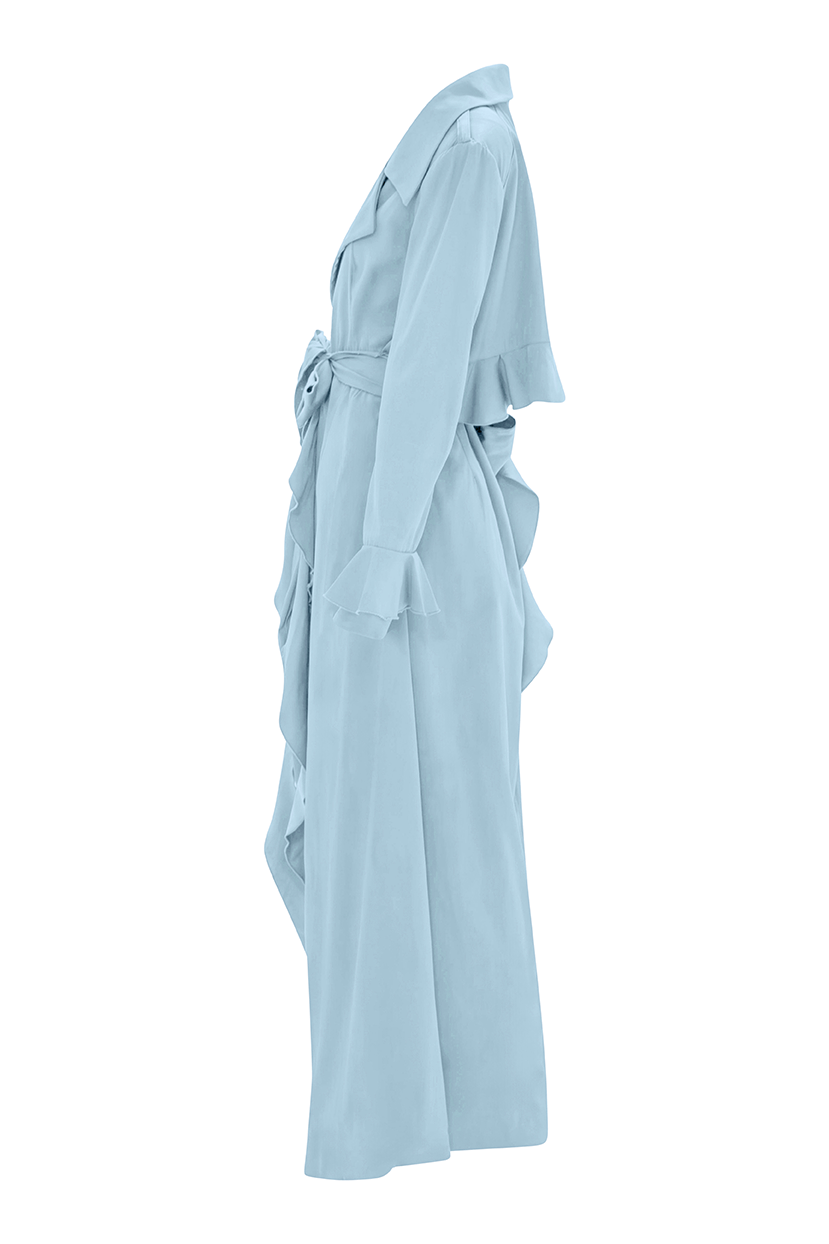 Unveil elegance with our Light Blue Cascade Belted Trench Coat, featuring a sleek cascade belted design and long, flexible cascading belt. This coat exudes sophistication and luxury, making it a must-have addition to any fashion enthusiast's wardrobe.