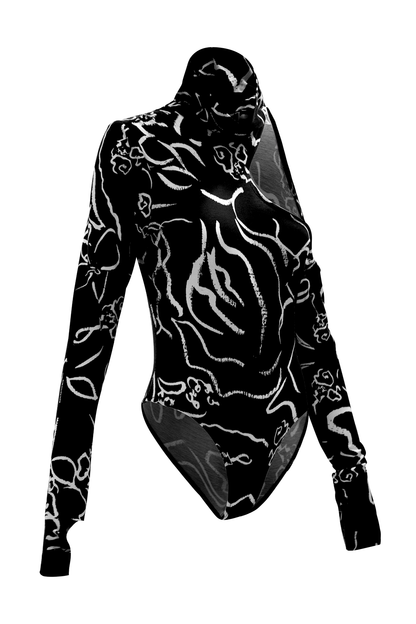 Hand-painted Off-the-Shoulder Cut Out Turtle Neck Bodysuit