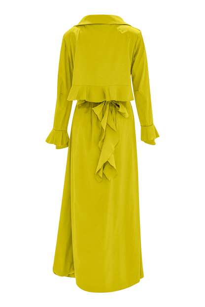 Elevate your style with our Chartreuse Cascade Belted Trench Coat, crafted for modern sophistication. With its long sleeves, stitched belt loops, and shoulder padding for structure, this coat offers both elegance and functionality.