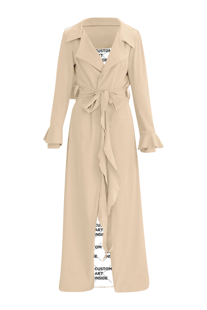 Discover sophistication with our Beige Cascade Belted Trench Coat, meticulously designed for modern elegance. Its ankle-length silhouette and dart fitted waist ensure a flattering fit, while the cascading back flap adds an extra touch of refinement and style, making it perfect for any occasion.