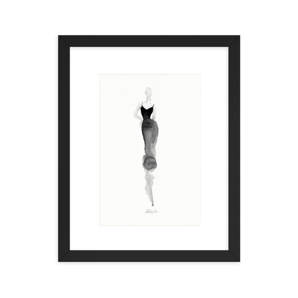  Contemporary watercolor abstract art with a focus on fashion illustration in black and white. The artwork features a woman in fashion with watercolor shadows, suitable for wall art.