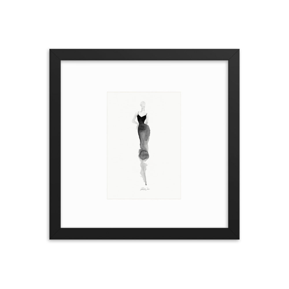  Contemporary watercolor abstract art with a focus on fashion illustration in black and white. The artwork features a woman in fashion with watercolor shadows, suitable for wall art.