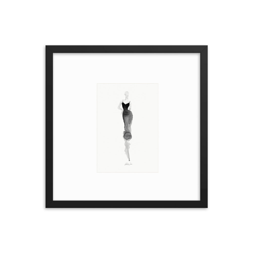  Contemporary watercolor abstract art with a focus on fashion illustration in black and white. The artwork features a woman in fashion with watercolor shadows, suitable for wall art.