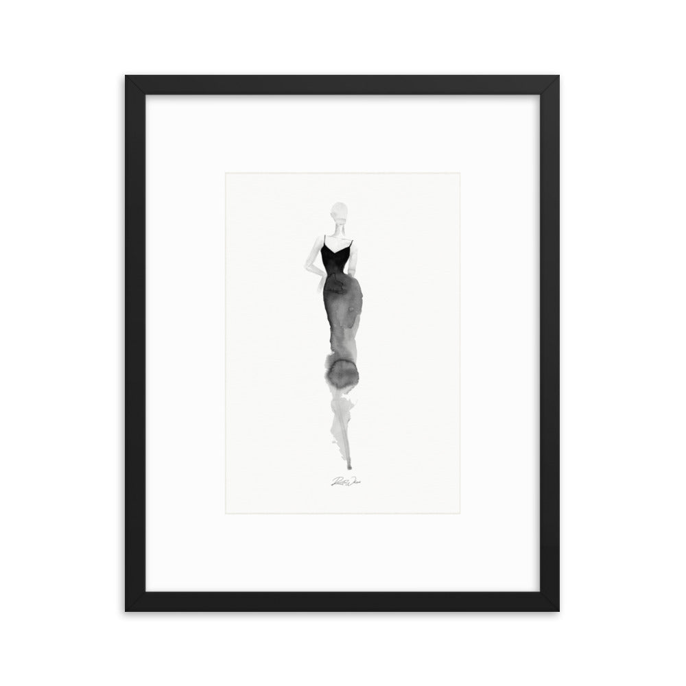  Contemporary watercolor abstract art with a focus on fashion illustration in black and white. The artwork features a woman in fashion with watercolor shadows, suitable for wall art.