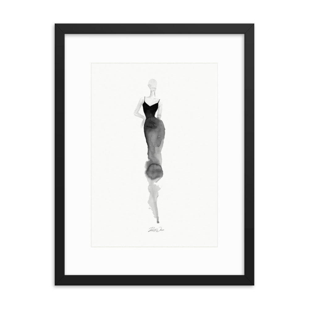  Contemporary watercolor abstract art with a focus on fashion illustration in black and white. The artwork features a woman in fashion with watercolor shadows, suitable for wall art.