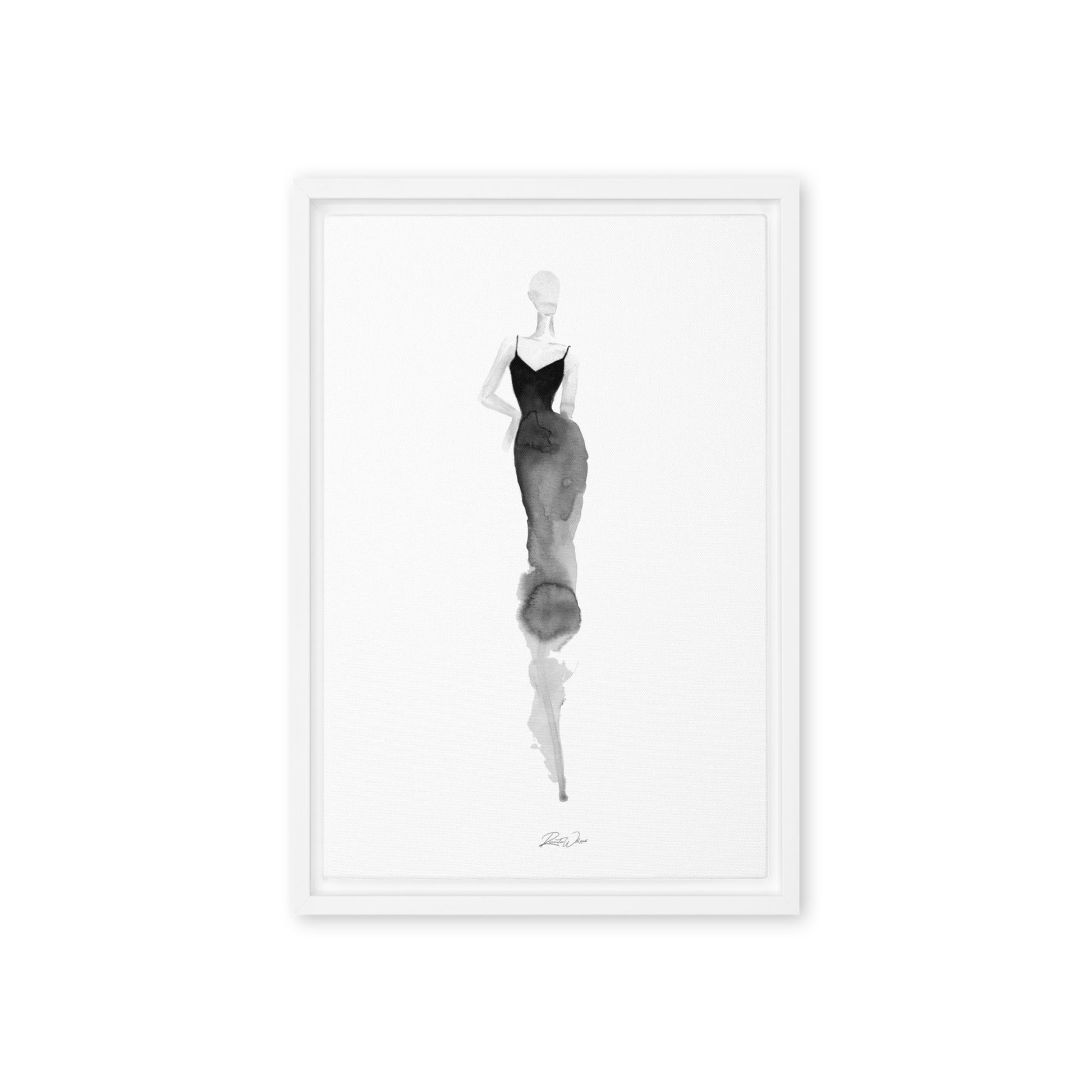 Black Watercolor artwork of fashion illustration in white framed-canvas 12x18