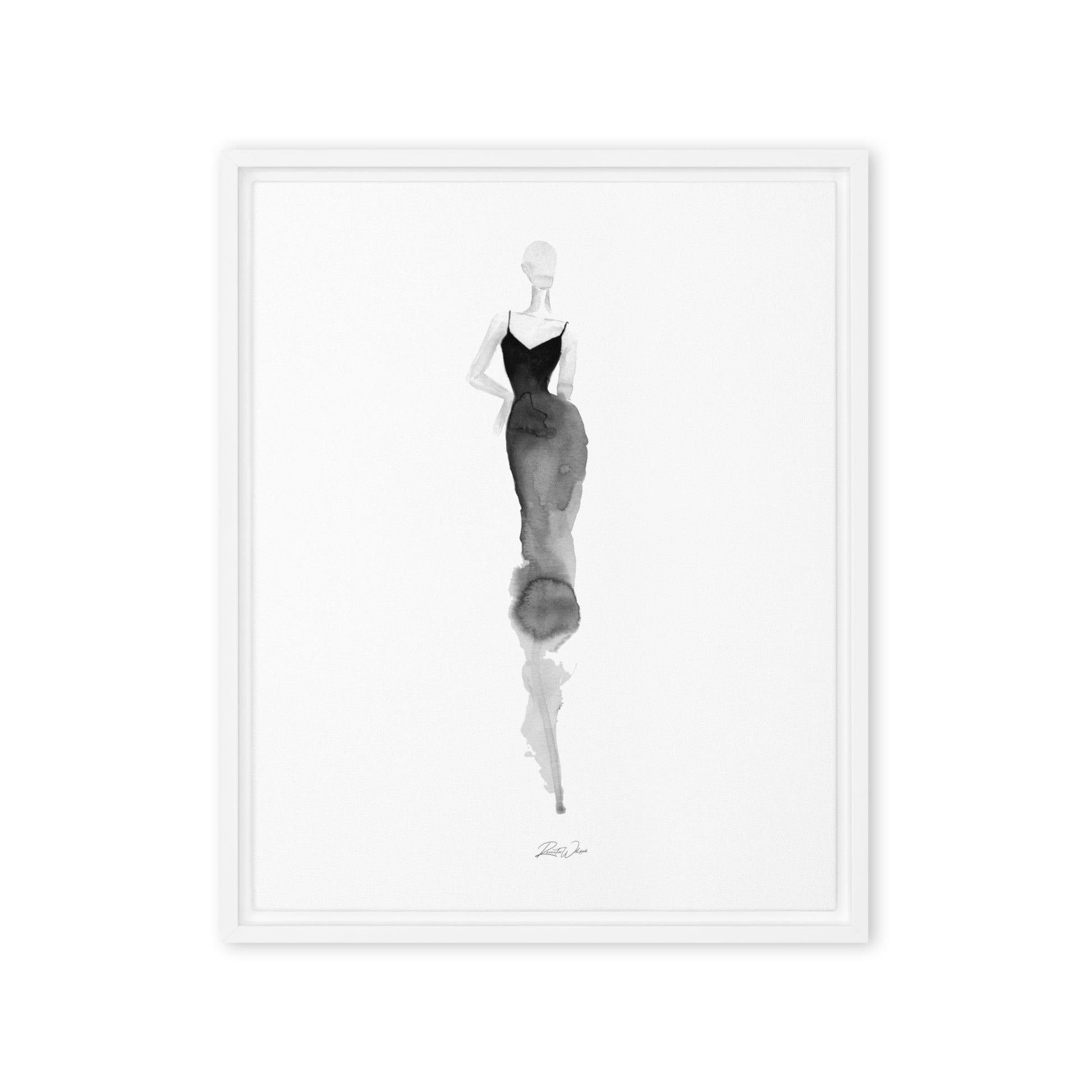 Black Watercolor artwork of fashion illustration in white framed-canvas 16x20