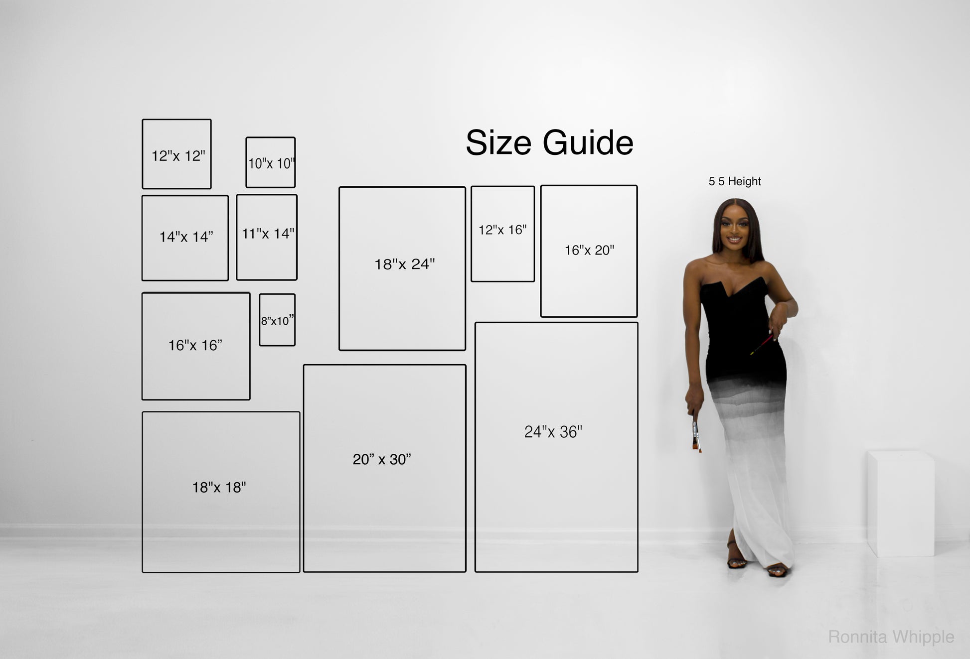 Reference guide for commission artwork size, featuring the artist, Ronnita Whipple, standing beside the artwork for scale